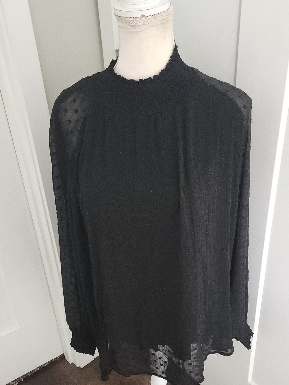 Seraphine Black Maternity Top Smocked-Neck Sheer-Sleeve Tunic